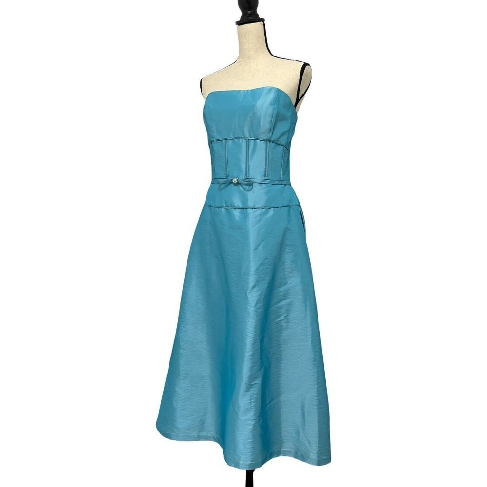 Pinky & Me Party Dress Size 14 Blue Strapless Convertible Dainty Rhinestone Bow